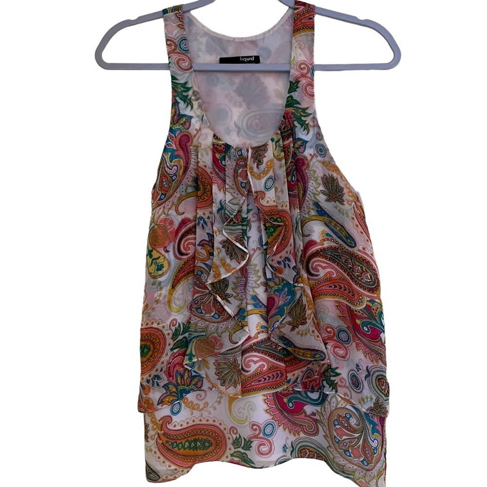 liquid Paisley Print Sleeveless Ruffle Trimmed Silk Blouse XS